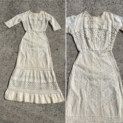 VTG Wounded 1900s Ivory Embroidered Cotton Lace Edwardian Tea Dress Size Small