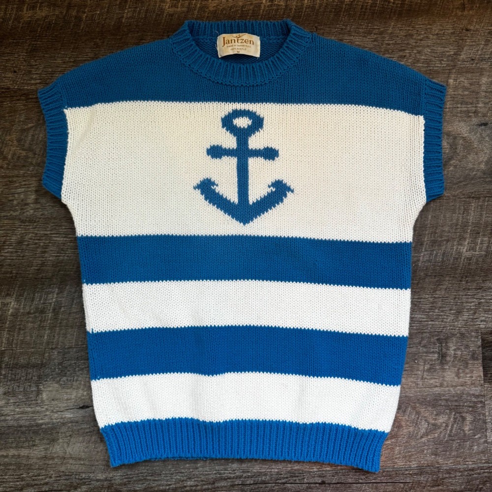 Jantzen Vintage Anchor Striped Sleeveless Sweater Vest Med Blue White Nautical