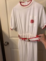 Vintage EJM Petite White Monogrammed Short Sleeve Dress with Belt