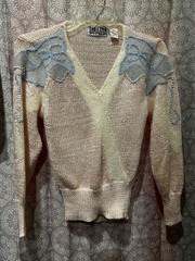 80s Y2K Lambswool Angora Sweater Vintage Vneck Bows Woman’s Small Cottage Core