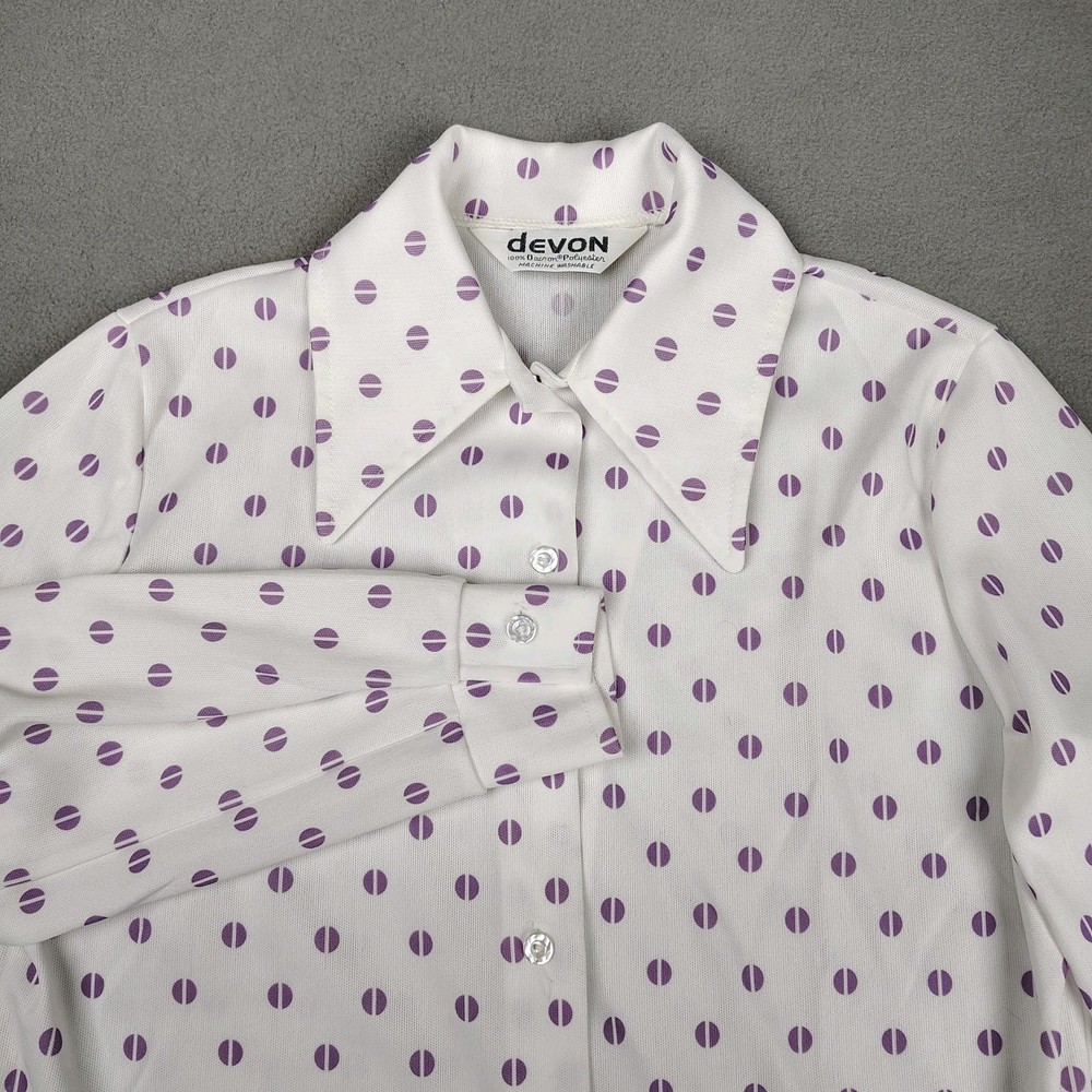 Vintage 70s Disco Shirt Women M/L White Purple Eye Dagger Collar Thin Dacron Mod