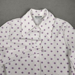 Vintage 70s Disco Shirt Women M/L White Purple Eye Dagger Collar Thin Dacron Mod