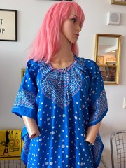 🦋 Vtg 70s Blue Polka Dot Kaftan Maxi Dress Goddess Hostess MuuMuu Batwing OS