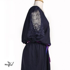 Vintage 80s Dress Padded Shoulder Elastic Waist Lace Sleeves Blue Sz 18 -Hey Viv