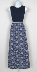VTG1950s 60s FLORAL SUE BRETT JUNIOR SLEEVELESS DRESS BLUE WHITE RIBBED BODICE