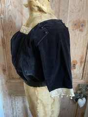 Antique French Black Velvet Edwardian Blouse Handmade Lace Trim c1910 Sz S