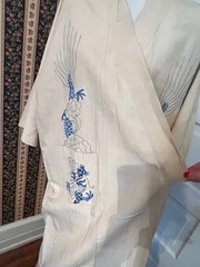 Vtg Chinese 1930s Dragon Kimono Robe Blue Embroidery Cream Linen Unisex EUC