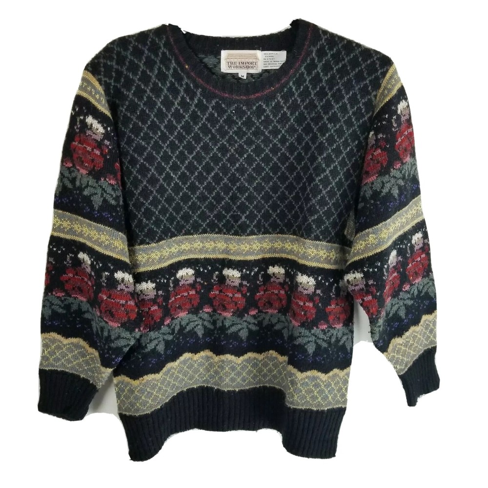 Import workshop Medium vintage 80’s wool blend sweater roses argyle fair isle
