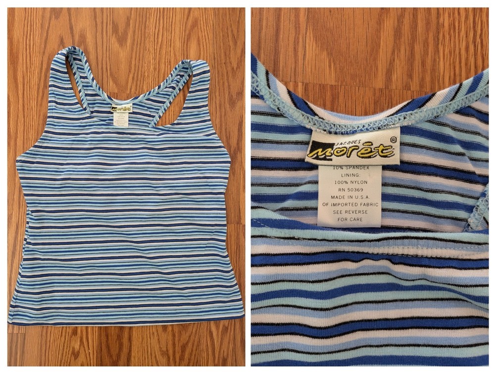 Vintage Jacques Moret workout striped tank top shelf bra 90s blue USA racerback