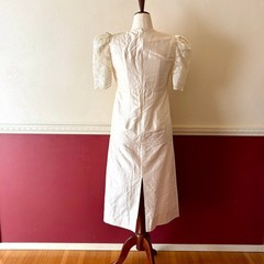Vintage 70s Handmade Beaded Lace & Silk Cream Wedding Dress Empire Waist Size 12