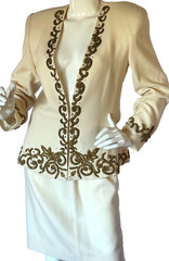 VTG Lillie Rubin Cream Wool Crepe Skirt Suit Beaded Trim/Rhinestones SZ 8