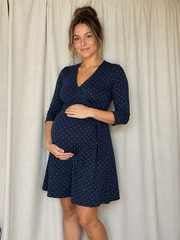 Vintage Tomorrow’s Mother Maternity Dress Navy Polka Dot Wrap Sz M Made in USA