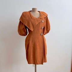Victor Costa Vintage Party Dress Crytal Jewel Buttons sz 8 Copper 1980s Cocktail