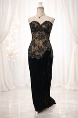 VTG’80s San Carlio Saks Fifth Avenue Black Lace Corset Velvet Gown Evening 10