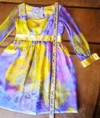 Vintage 60s Burke-Amey Floral Print Silk Chiffon Dress SM Yellow Purple COUTURE