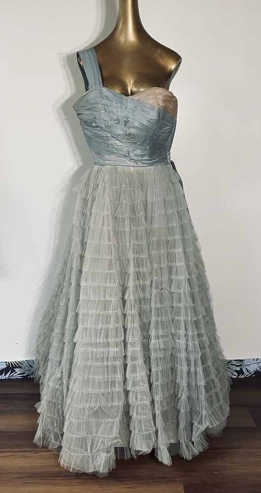 Vintage M/L Volump Cupcake Tiered Blue 1950s Prom Dress
