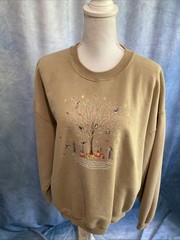 Vtg 90s Y2K Jerzees NuBlend Fall Autumn Tree Pumpkin Sweatshirt Tan Grandmacore