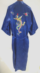 E3 vintage Golden Bee Rayon Blue Brocade Chinese Robe M Hand Embroidered Belted