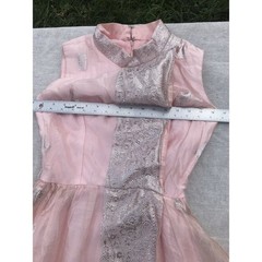 Vtg 80s Pink Silver Floral Empire Layered Taffeta Women’s XS S O USA Short Dress