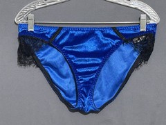Vintage Bikini Low Rise Panties Size XL Blue Velvet Black Lace Trim Full Bottom