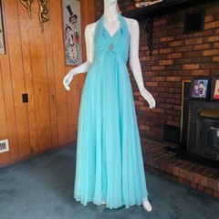 Vintage 60s Powder Blue Chiffon Evening Halter Dress Formal Ball Prom Gown S/M