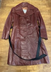 Vintage Vanessa Red Leather Belted Trench Coat, Long Jacket M/L