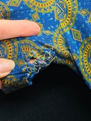 Vintage 1950s blue gold dress, cotton summer short sleeve shirt rayon green S