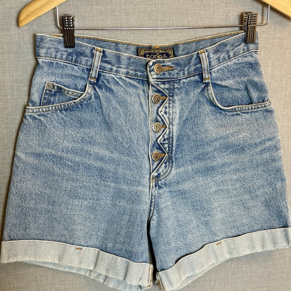 Vintage 90s Y2K Denim Shorts Boho Coastal Zigzag Button Fly Rolled Cuffs Sz L