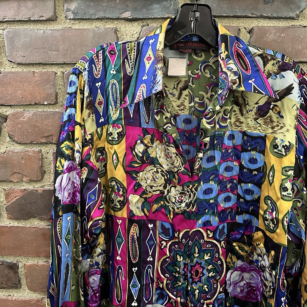 Jerri Sherman Collection Silk Patterned Blouse Paisley Floral Mallard Sz 8