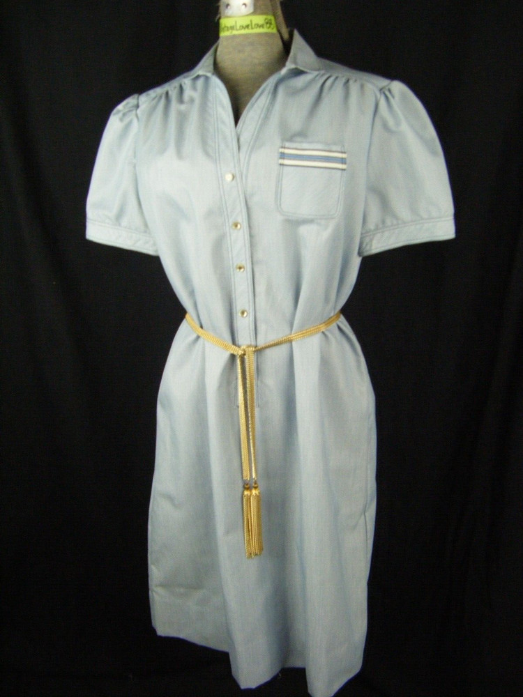 SCHRADER SPORT PETITE Vtg 70-80s Light Blue Stripes Shirt Sheath Dress-Bust 43/M