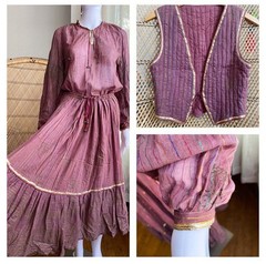 Vintage 70s Indian Cotton Metallic Rainbow 3 Pc Skirt, Vest, and Blouse Set
