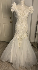 Victoria’s White Beaded Wedding Dress with Veil, Size S-4, 57″ Length, 26″ Chest