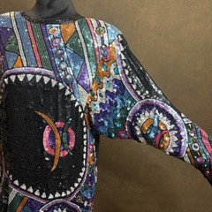 Vintage Judith Ann Creations Small Sequin Beaded Silk Geometric Black 80’s-90’s
