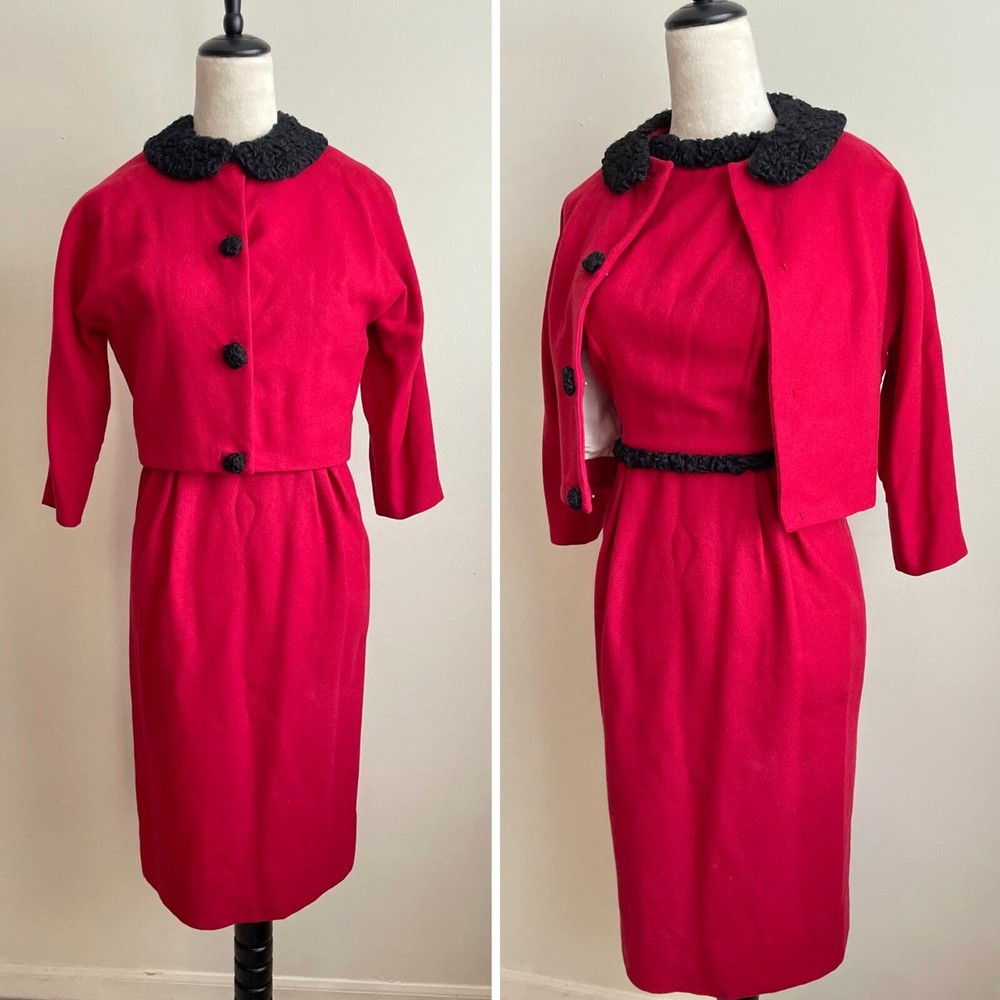 Vintage 60s Jackie O Custom Red Wool Curly Lamb Fur Trim Dress Coat Set XS 0-2