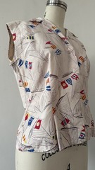 1940s 50s Sailboat Novelty Print Sailcloth Cotton Sportswear Blouse Fitted M/L