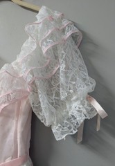 Vintage 60’s Pink Flocked Hearts White Lace Gown Dress Ruffles Southern Belle S