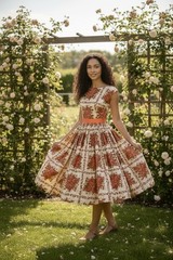1950s 1960s Rose Print Cotton Sundress Floral Novelty Roses Bouquet Pinup Dress