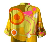 Catherine Ogust Penthouse Gallery VTG 70s Mod Colorful Cotton Shirt Dress M/L
