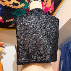 Vintage Black Sequin Vest 3D Floral Beaded Applique Open Front Evening Size 44