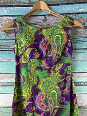 Vtg Karen Ann Hawaiian Maxi Psychedelic Print Bark Cloth Hostess Dress Neon