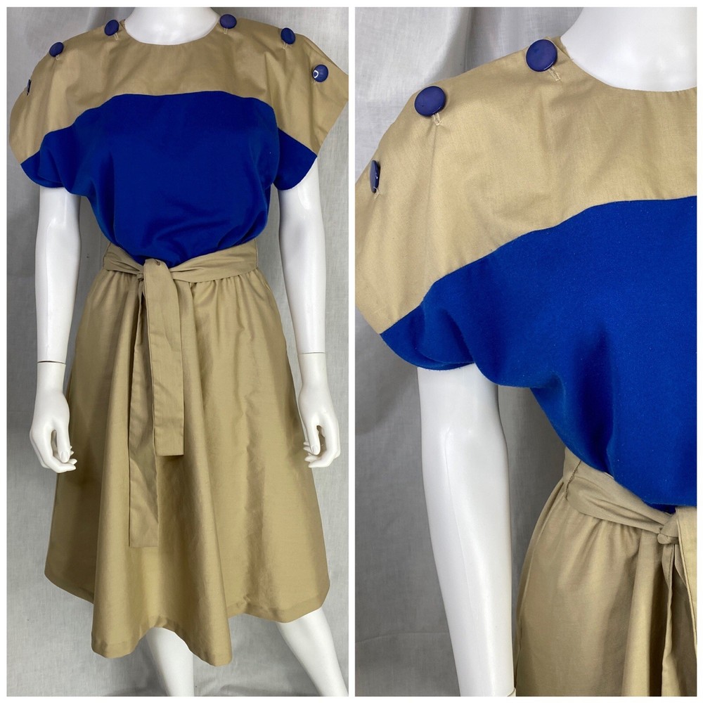 Vintage “Toni Todd” 60s 70s MOD color block knee length dress size 8 blue khaki