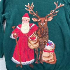 Susan Bristol Sweater Women M Green Santa Reindeer 1993 Hand Embroidered Vintage
