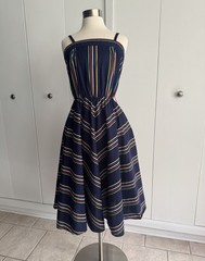 Vintage 1980’s Summer Striped Cotton Dress Fitted Bodice Flair Skirt