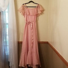 Vintage JC Penny Fashions pink Maxi Dress. Off-shoulder