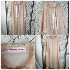 Vintage 60s Odette Barsa Blush Pink & Lace Robe Regency Dressing Gown Medium EUC