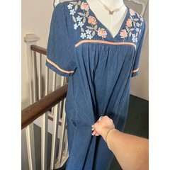 Vintage 90s Denim Floral Dress | Go Softly Patio Cotton Midi Dress | Size Medium