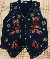 Vintage Claudia D. Beaded Sequins Holiday Sweater Vest Women’s M Teddy Bear Gift