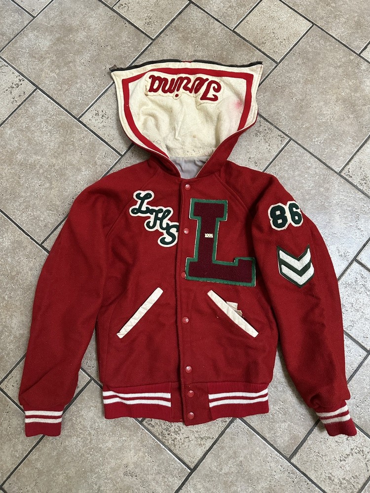 VTG 80’s Varsity Letterman Jacket Wool-Blend Leather-Trim Red Cheerleading S/M