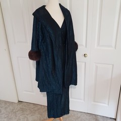Vtg 1950s Claralura Original California Blue Metallic Lurex Dress Coat Set XS
