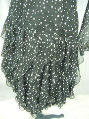 BETSY & ADAM Vtg 70s Sheer Black Polka Dots Batwing Ruffle Dress-Bust 36/2XS-XS